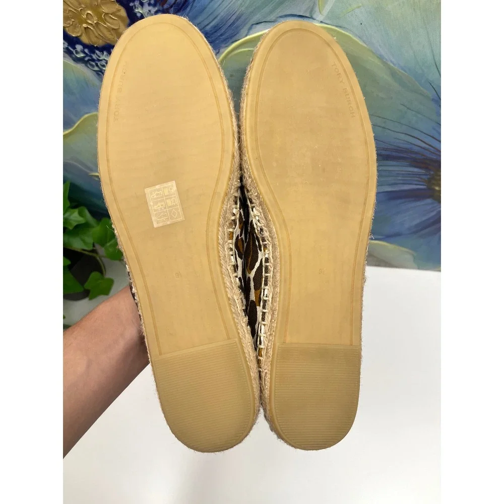 New Tory Burch Ines‎ Leopard Print Canvas Espadrille Flats Brown Tan Women 9.5